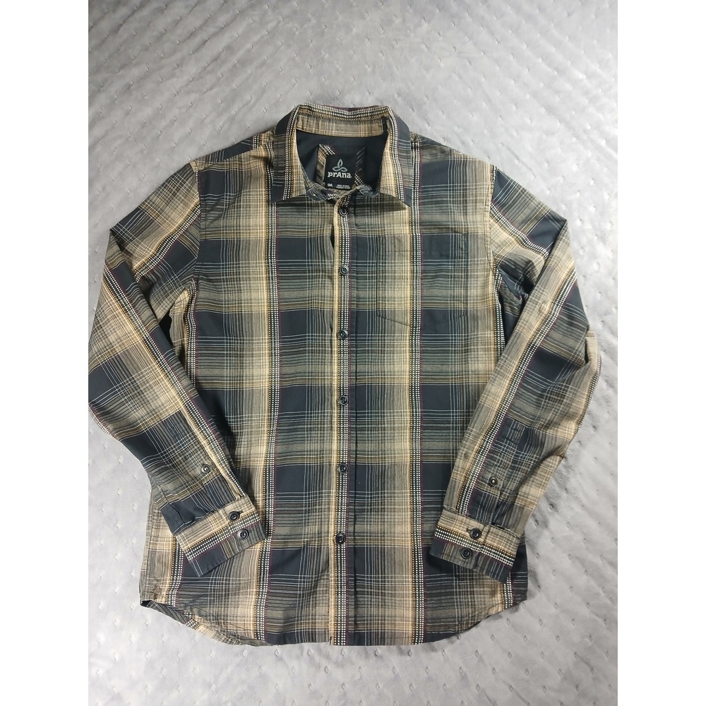 Prana Mens Small Plaid Long Sleeve Button Down Shirt Brown Tan Black Outdoor
